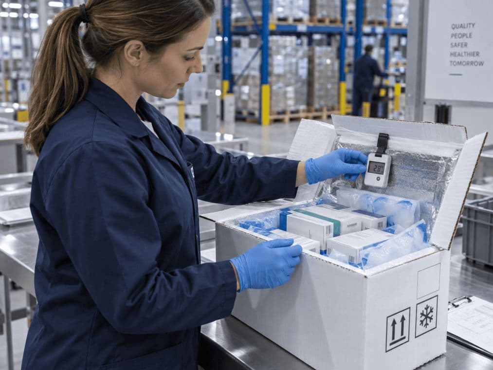A gloved warehouse worker packs medicine cartons into an insulated cold-chain shipping box fitted with a temperature logger