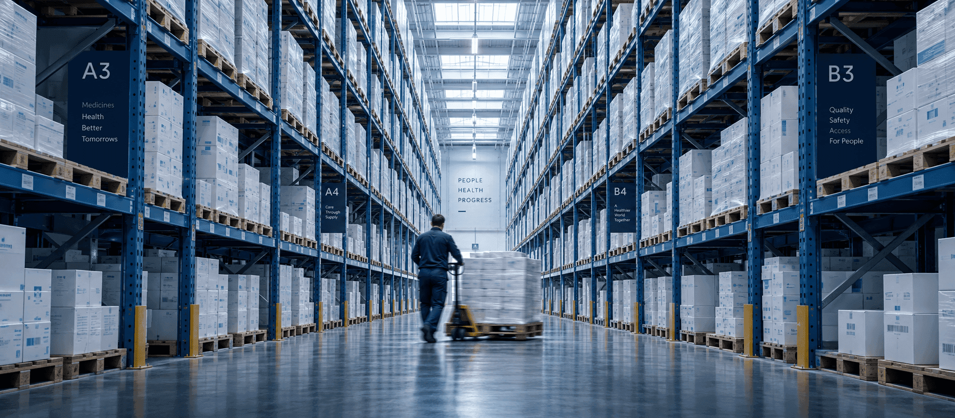A warehouse worker pulls a pallet of medicine cartons down a high-bay aisle of blue racking