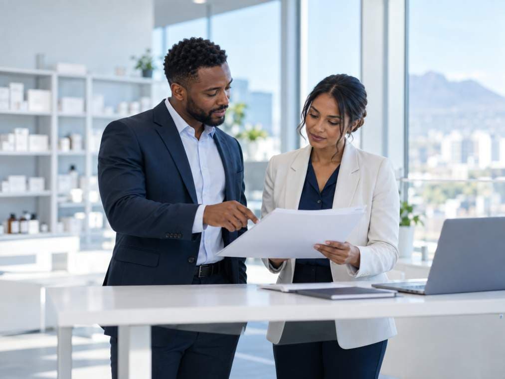A man in a navy suit and a woman in a cream blazer read a document together at a standing desk, shelves of white cartons and a city view behind them