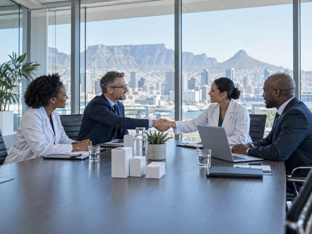 Two people shake hands across a boardroom table as two colleagues look on, white product cartons on the table and a city skyline through the windows