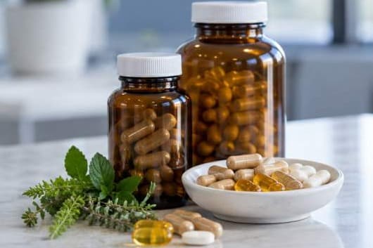 Two amber glass bottles of capsules beside a dish of capsules and a sprig of fresh herbs on a marble counter