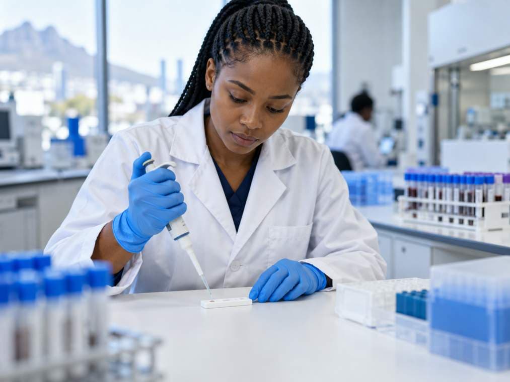 A laboratory technician in a white coat and blue gloves pipettes a sample onto a rapid test cassette, racks of sample tubes around her