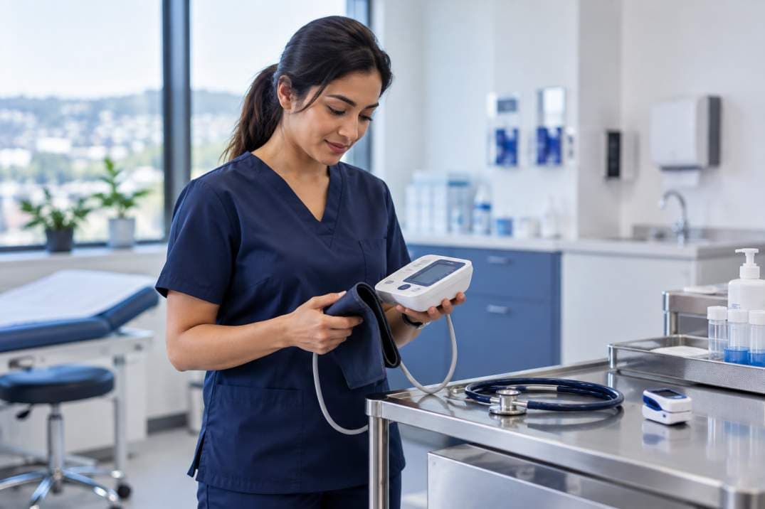 A clinician in navy scrubs holds a digital blood pressure monitor and its cuff beside a steel trolley with a stethoscope and a pulse oximeter