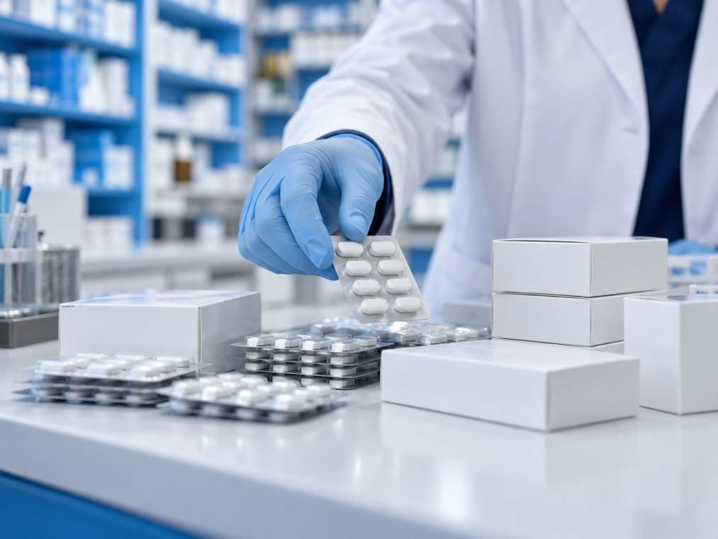 A pharmacist's gloved hand lifts a blister pack of tablets from a dispensary counter stacked with plain white cartons
