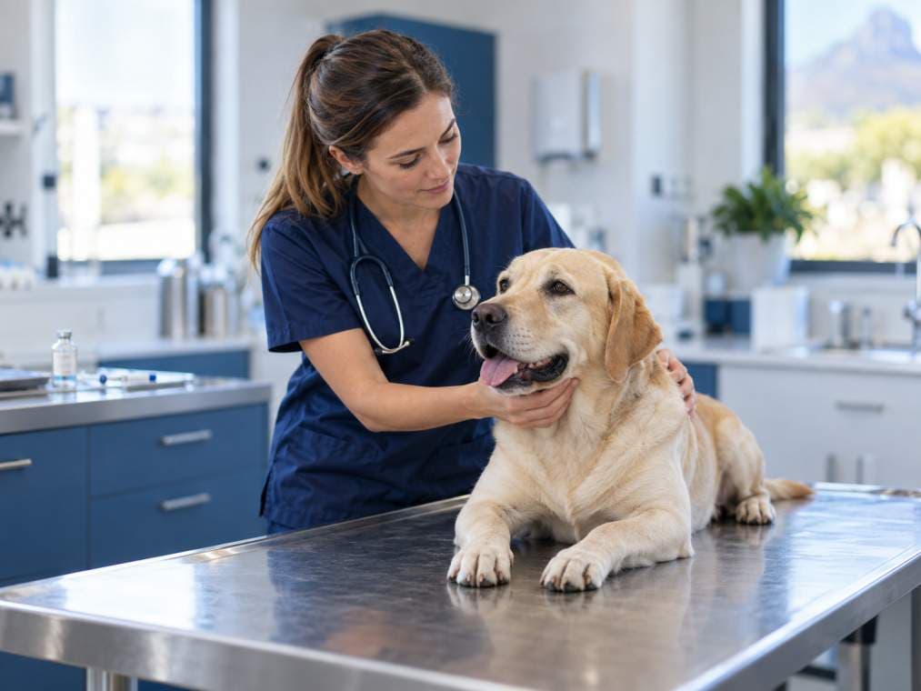 A veterinarian in navy scrubs steadies a yellow Labrador lying on a steel examination table